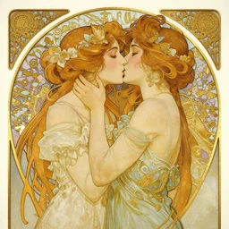 the kiss | highly detailed | very intricate | art nouveau | gold filigree | romantic storybook fantasy | soft cinematic lighting | award - winning | painted by mandy jurgens and alphonse mucha and alena aenami | pastel color palette | featured on artstation