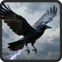 a card design of high fantasy black crow flying in the sky, by peter mohrbacher and craig mullins, face close up, official media, beautiful, rpg portrait, concept art, fantasy world, sharp, smooth, detailed, high quality, wallpaper 4 k, epic, trending on artstation and behance, dynamic lightning