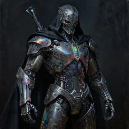 dark cyborg armour made of intricate complex circuitry and microchips, iridescent, warrior assassin, black cloak, colorful, intricate linework, gothic baroque, intimidating, realistic oil painting, rutkowski, wlop, chebokha, artgerm