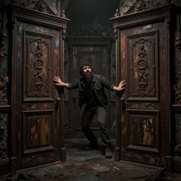 knocked on the doors of hell's darker chamber pushed to the limit, we dragged ourselves in 4 k hyperdetailed surrealism