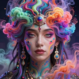 a beautiful shaman girl engulfed in colorful liquid smoke and neon clouds, a colorful psychedelic experience, dmt, lsd, face, highly detailed, artstation, concept art, matte, sharp focus, illustration, digital art by hana yata, and artem demura and beeple, octane render, unreal engine, 8 k, pixel sorting