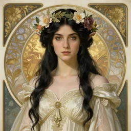 isilime, female high elf historian, noldor, black haired, ivory gown, flower crown, lithograph, art nouveau