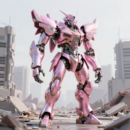 hyperrealistic 3d render highly detailed exoskeleton baroque mecha iridescent pink brutalist city ruins background concept art octane santiago caruso de chirico sharp very dramatic green light 8k low angle shallow depth of field