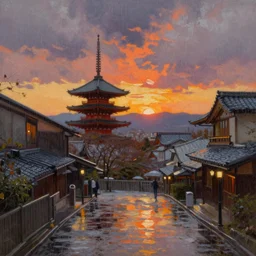 sunset in kyoto rain, oil paintig, by greg rutcocwsky, ultra realism, intricate, atmospheric, 8 k resolution, rendered in 3 ds max