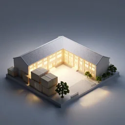 architectural model, isometric view, 3 d render, studio lighting, low contrast, brightly lit studio, highly detailed, stacked boxes, large windows, courtyard, gabled roof, zig zag, school, tree