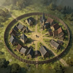 Aerial establishing shot of a medieval village surrounded by circular wood palisade, matte fantasy painting, DeviantArt Artstation, by Jason Felix by Steve Argyle by Tyler Jacobson by Peter Mohrbacher, cinematic lighting