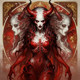 symmetry portrait of grotesque and gruesome female demon, cosmic horror, lovecraftian horror, intricate, horror, highly detailed, digital painting, artstation, giger concept art, smooth, sharp focus, illustration, art by artgerm, julie bell, alphonse mucha and junji ito, monohcrome red, white, black, gold