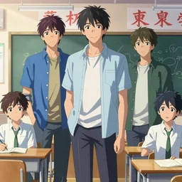 high school classroom scene spring setting, expert high detail concept art, perfect proportions fine face, tall handsome guys, bold colors, colorful, sharp focus, realistic shaded lighting poster ilya kuvshinov, katsuhiro, jeremy lipkin, makoto shinkai, loish and clamp style, trending on art station, expert artist