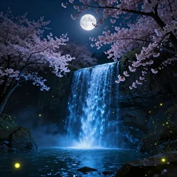Bioluminescent waterfall, cherry-blossom-tree, night-time, moon, fireflies, atmospheric, magical atmosphere, octane render, artstation, HD, 8K
