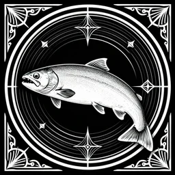 occult diagram of a happy salmon!! in the style of wayne barlowe, gustav moreau, goward,  Gaston Bussiere and roberto ferri, santiago caruso, ((jose gabriel alegria sabogal)), composition by austin osman spare!