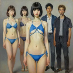 pop surrealism, lowbrow art, realistic cute blue strappy bikini girl painting, japanese street fashion, hyper realism, muted colours, rococo, natalie shau, loreta lux, tom bagshaw, mark ryden, trevor brown style,