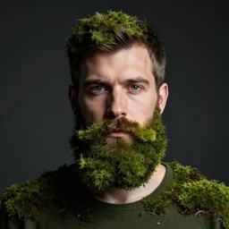 man with a beard made of moss. professional studio photography. low saturation. dark background.