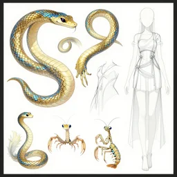 concept design sketches for a character that is an ethereal anthro snake with hands, golden scales and blue accents scattered in its design, influences from peacocks and mantis shrimp for its clothing of choice, art by yuji ikehata and satoshi kon, background art by miyazaki, realism, proper human male proportions, fully clothed, dungeons and dragons, anime