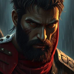 gladiator, peter parker with beard, scarred, wet, raining, close up, rim lighting, portrait, sinister atmospheric lighting. highly detailed painting by greg rutkowski, anime style