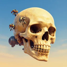a gigantic skull shaped spaceship floating in the sky, maschinen krieger, ilm, beeple, star citizen halo, mass effect, transformers, elysium, warm saturated colours