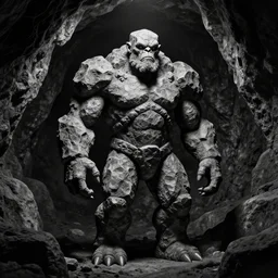 full body portrait of a rock golem inside a cave kvlt by peder balke by peder balke by greg rutkowski, by guido crepax by norman bluhm mystic high contrast monochromatic noir artstation