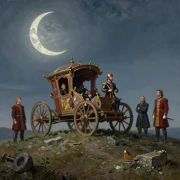 hyper realistic camera on a tall hill. with royal guards guarding a broken chariot under the sickle moon, atmospheric painting by chiara bautista zdzisław beksinski karl kopinski kim jung giu and weta studio, and lucasfilm and jesper ejsing and norman rockwell greg rutkowski frank frazzeta