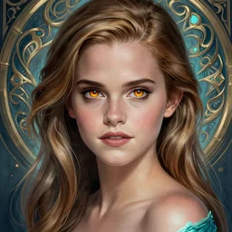 Emma Watson as a mermaid, nami from league of legends, sci-fi, amber eyes, face, long hair, fantasy, intricate, elegant, highly detailed, digital painting, artstation, concept art, smooth, sharp focus, illustration, art by artgerm and greg rutkowski and alphonse mucha