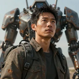 a concept art illustration, portrait, close up shot, an asian man with backpack, on a large mechanical rusty biome, low angle shot, style by dylan cole and feng zhu and wlop, unreal engine, trending in artstation, octane render, ultra sharp