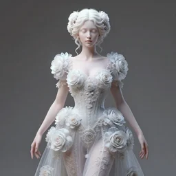 neoclassical digital art portrait of a wonderful symmetrical albino goddess with dressed with a majestic semi transparent cotton roses dress, ornate, intricate, detailed, octane render