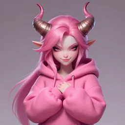 a highly detailed illustration of cute smug pink haired pale girl with curved horns wearing oversized pink hoodie, dramatic smirk pose, intricate, elegant, highly detailed, centered, soft light, character design, cushart krenz, digital painting, artstation, concept art, smooth, sharp focus, league of legends concept art, wlop.