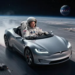elon musk, wearing a space suit and helmet, drives his tesla roadster in outer space, hyperreal, nasa photography, imax, 8 k