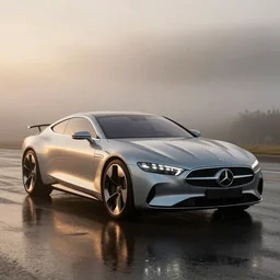 parked Mercedes Benz Vision AVTR car, fog, rain, volumetric lighting, beautiful, golden hour, sharp focus, highly detailed, cgsociety
