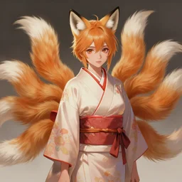 A beautiful digital painting of a beautiful young woman with fox ears and nine tails wearing a kimono, by Stanley Artgerm Lau, WLOP, Rossdraws, James Jean, Andrei Riabovitchev, Marc Simonetti, and Sakimichan, tranding on artstation, SFW version
