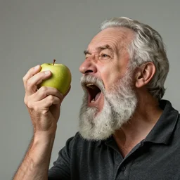 bearded old man shouting apple in hand