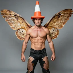 ripped physique winged man Norm MacDonald disguised as a mothra whilst wearing a traffic cone hat tradd moore