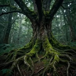 mystical forest of tree roots, mossy, digital art, 4 k