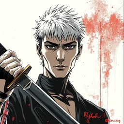 a realistic manga portrait of a man with sword illustration cyberpunk by yoshiyuki sadamoto and sui ishida by issey miyake and balenciaga