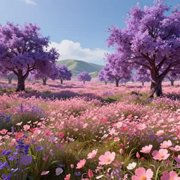 fields full of flowers, pink and pyrple trees and blue sky with hills in the background. Intricate. Very detailed 8k. Fantasy horror. Sharp. Cinematic post-processing. Unreal engine. Nanite. Ray tracing. Parallax. Tessellation