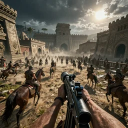 3 rd person game still of a ancient mexico war in 1 4 9 0 first person survival game set in an overpopulated city scene with hundreds of fighting warriors with spacnosh soldiers, many horses on the batlle, night and bright sun, unreal engine 5