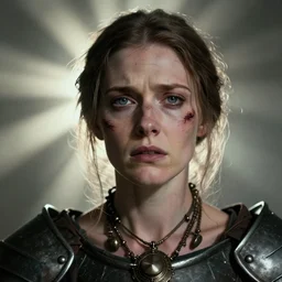 head and shoulders portrait of a female knight with a anxious expression, scars under her grey eyes. sad and tired, steam punk neclace. light rays behind her. photo in the style of richard avedon.