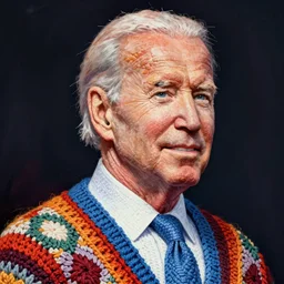 A crocheted and knitted portrait of Joe Biden