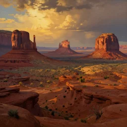 a beautiful epic dramatic ethereal surrealist landscape painting of deep red sandstone buttes and mesas | monument valley, death valley, drumheller, grand canyon | golden hour, dramatic lighting, chiaroscuro, impressionist, surrealist | by alfred bierstadt, by frederic remington | trending on artstation