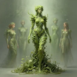 organic cyborg, green vines sculpture with small flowers, diffuse lighting, fantasy, intricate, elegant, highly detailed, lifelike, photorealistic, digital painting, artstation, illustration, concept art, smooth, sharp focus, art by john collier and albert aublet and krenz cushart and artem demura and alphonse mucha