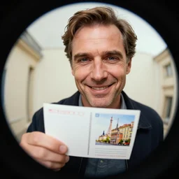 saul berenson from homeland, ultra hd photo, 3 5 mm close up, fish eye, realistic, smiling, holding a postcard from france