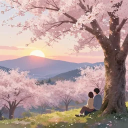A beautiful landscape, trees with cherry blossoms in the foreground, mountains and sunset in the background. Under a tree sits a young couple, anime styke
