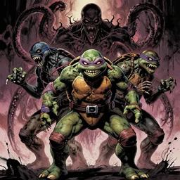 in the style of rafael albuquerque comic cover art, artgerm, teenage mutant ninja turtles as lovecraftian creatures, sharp teeth, tentacles, dark scary spooky, violent