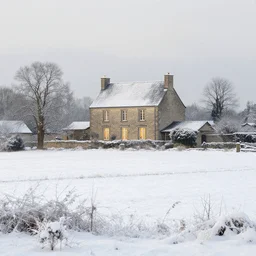 one french stone house in the distance, winter snow, farmland, 1 8 5 9, soft lighting from windows, by thomas kinkade