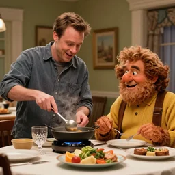kevin mccallister cooking harry and marv for dinner, photorealistic, realistic, detailed, hyperrealistic, 8 k, hdr, high quality, high resolution, lossless quality