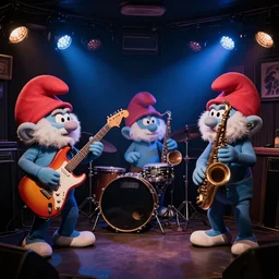 smurfs jamming cool riffs in a dark smokey jazz club
