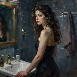 a beautiful painting by christian hook of a woman in a bathroom, brushstrokes by jeremy mann, still life, dark colors