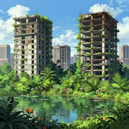 a beautiful very detailed anime illustration of hall abandoned building unfinished building city architecture industrial architecture nature urbex by albert bierstadt, gem retrowave flowers reclaimed by nature rainforest lake, archdaily, wallpaper, highly detailed, trending on artstation.