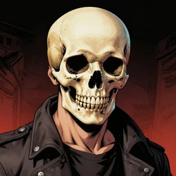 a beautiful comic book illustration with a man in a skull head