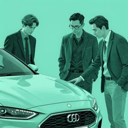 people looking at a car, intricate, elegant, highly detailed, vector illustration, artstation, concept art, smooth, sharp focus, illustration, art by samuel werczler, tom whalen, niark 1, jonny wan, sea green color theme