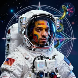 a cyberpunk portrait of astronaut by jean - michel basquiat, by hayao miyazaki by artgerm, highly detailed, sacred geometry, mathematics, snake, geometry, cyberpunk, vibrant, water