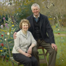 A short 60 year old woman and a tall 60 year old man sit together, happy, garden, birds, flowers, oil painting, by William Turner